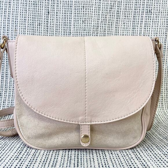 NAF NAF Crossbody Saddle Bag Leather Suede Purse Beige Blush Parisian Minimalist - Picture 1 of 15